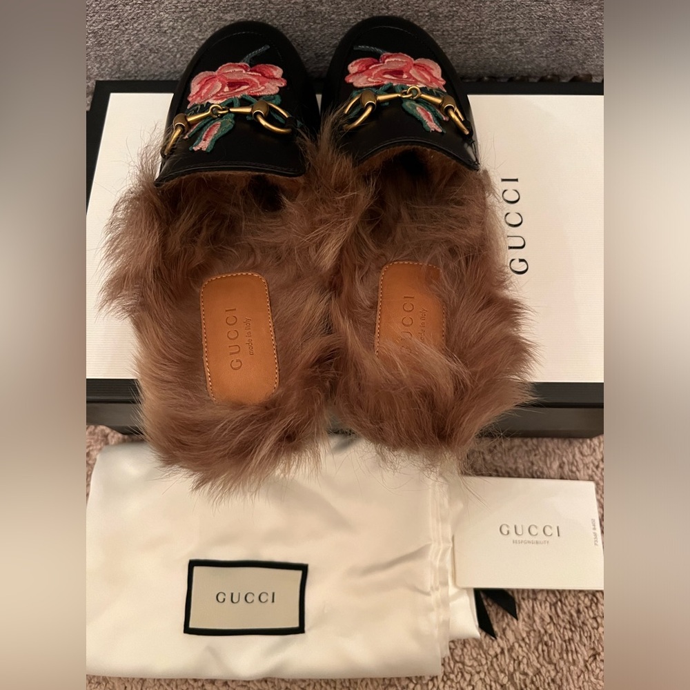 New Gucci Princetown Horsebit fur Mules Lined black Embroidered Flower size 35 - Picture 8 of 14